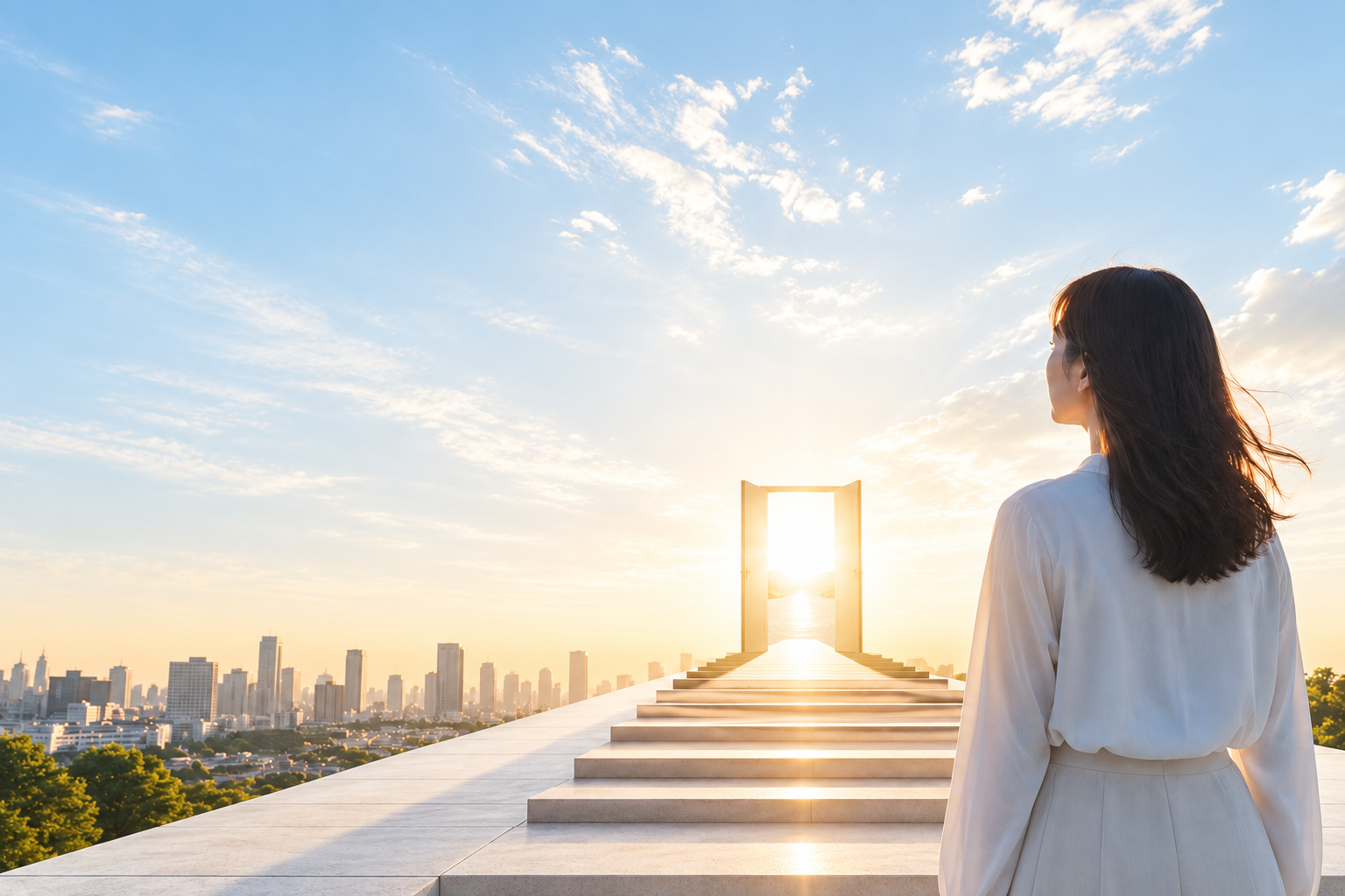 青空と朝の光の中、階段の先の開いた扉を見つめる女性